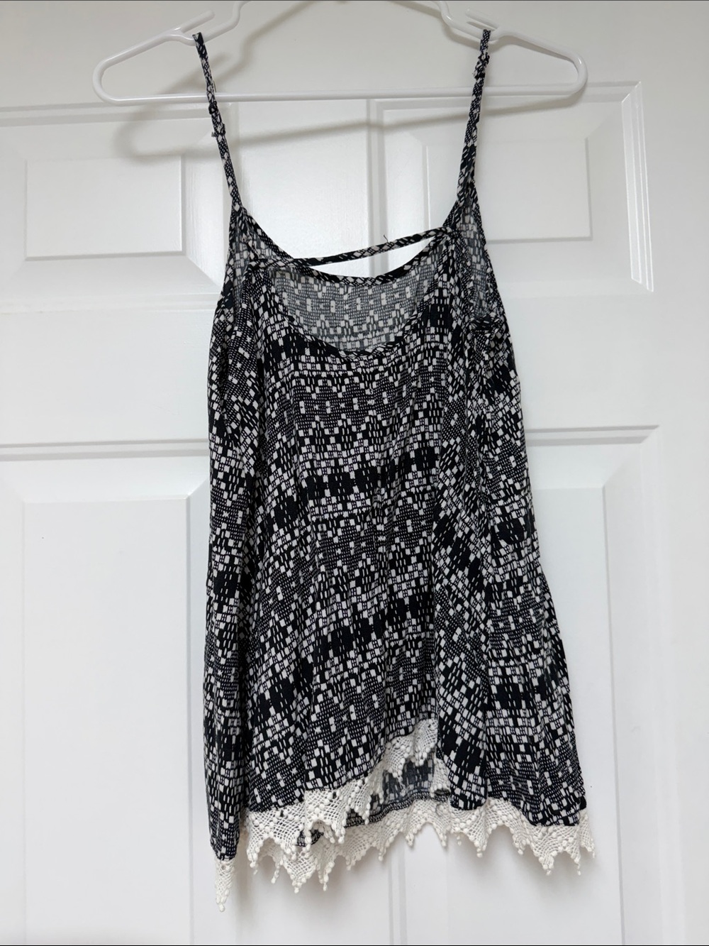 Black & White Patterned Spaghetti Strap Tank with Crochet Hem - Picture 2 of 5